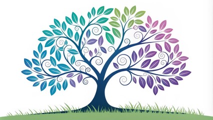 Fototapeta premium Colorful Ornate Tree Illustration Vector Graphic Design, Nature Concept, Spring, Teal, Purple, Green Leaves Nature, Tree illustration