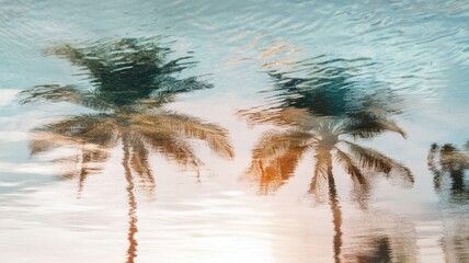 Palm tree reflections creating abstract ripples, serene and artistic design. Blurred view sandy beach palms