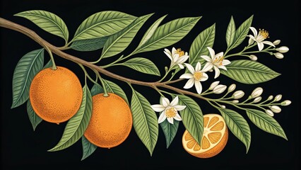 Botanical Orange Branch Illustration Detailed Oranges, Blossoms and Leaves, Vintage Style, Floral Design Orange Blossom, Citrus Fruit