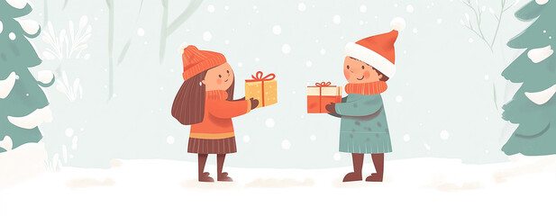Boy and girl giving each other a cute Christmas box