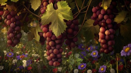 A vine of grapes intertwined with wildflowers, creating a natural and colorful contrast.