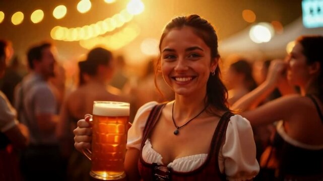 A cheerful young woman in traditional Bavarian attire holds two large beer mugs at an Oktoberfest event. The lively atmosphere and her smiling face celebrate the festival spirit
