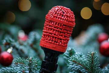 A festive red microphone nestled among Christmas decorations and evergreen branches.