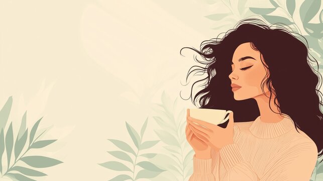 Flat design illustration of a thoughtful woman holding a tea cup, complemented by soft hues and a peaceful background