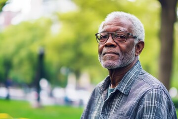 Thoughtful Senior Man in Grey Shirt Poses Outdoors Against Lush Green Background with Soft Focus and Natural Light