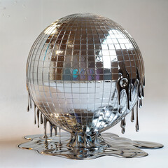 A disco ball is melting into a puddle of liquid metal, dripping down a light-colored surface.