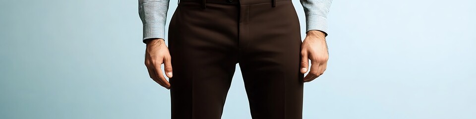 Tailored dark brown trousers mockup on a soft light blue background for a casual yet chic look