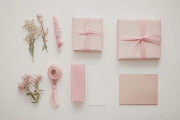 Colorful gift wrapping supplies are arranged on a neutral surface, showcasing pink paper, decorative ribbons, cards, and space for custom messaging. Generative AI