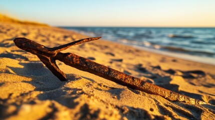 Ancient harpoon resting on sandy beach, partially buried with weathered wooden handle and rusted metal tip, evoking historical maritime heritage and archaeological significance