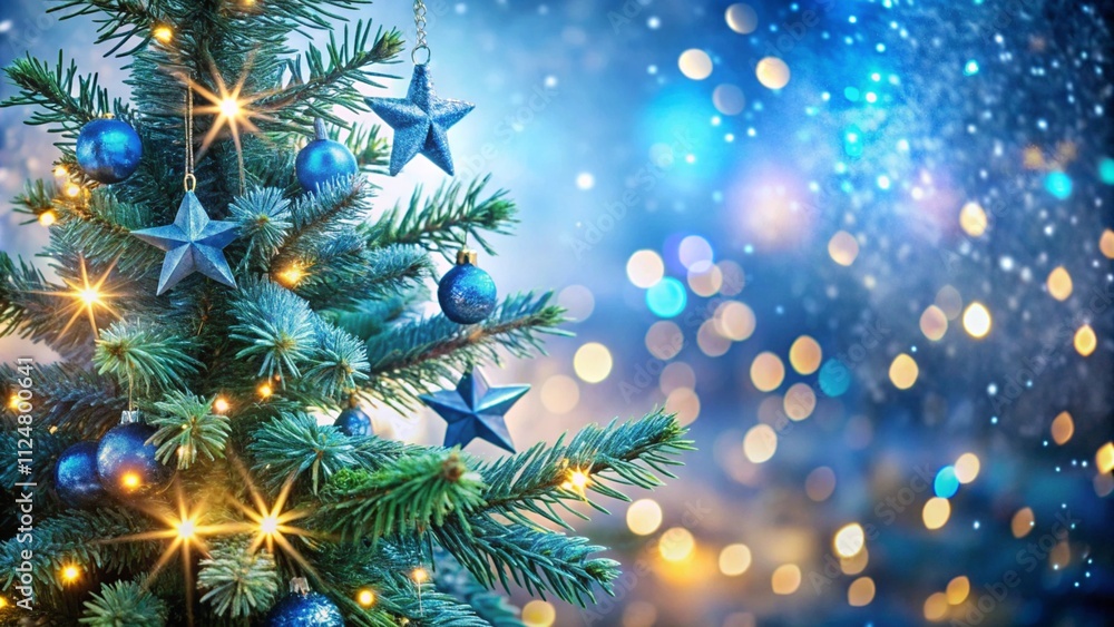 Poster christmas tree with lights in blue - stars hanging on fir branches with glittering and bokeh in abst