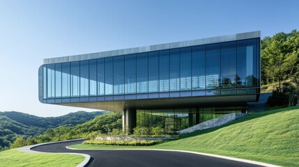 Modern glass building on hillside with curved driveway.