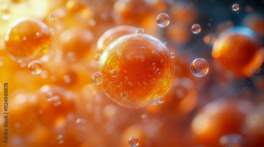 Poster macro view of orange spheres submerged in sparkling water, surrounded by bubbles and glowing light r