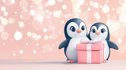 Naklejka premium Happy Valentine's Day greeting card - two penguins with a pink gift box wrapped with a pink ribbon on pastel background