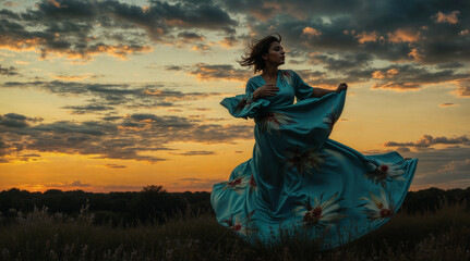 Young woman in flowing turquoise floral dress dancing gracefully in meadow during dramatic golden sunset, hair flowing in wind, ethereal summer evening atmosphere