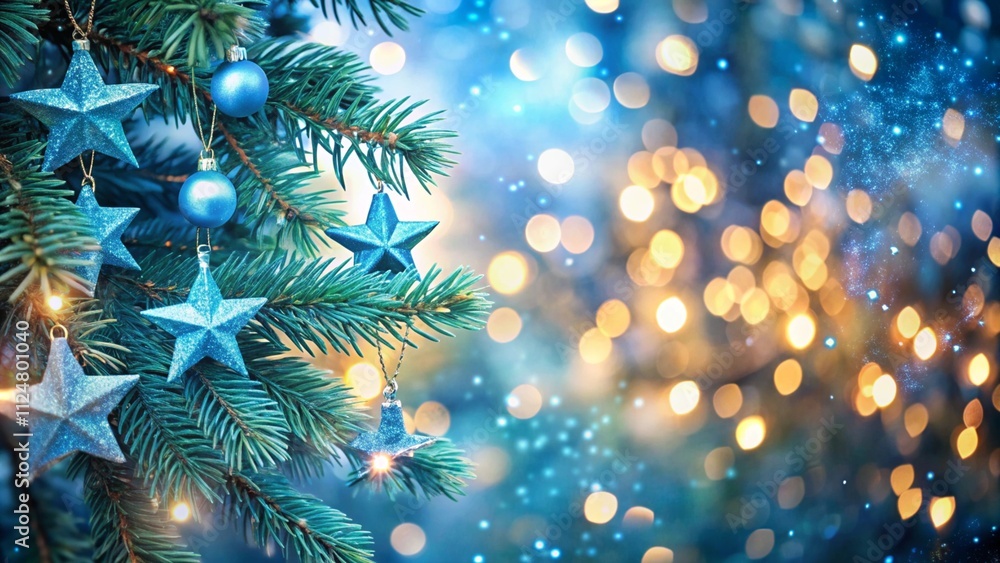 Poster christmas tree with lights in blue - stars hanging on fir branches with glittering and bokeh in abst