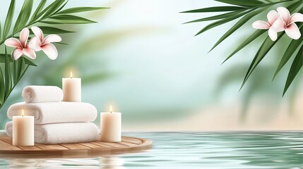 Spa Relaxation, Towels, Candles, and Tropical Flowers