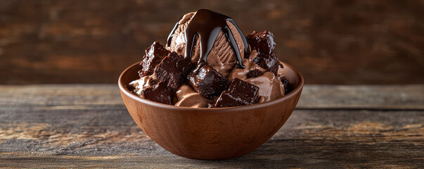 Delicious gourmet sundae with chocolate ice cream, brownie chunks, and rich chocolate sauce, served in wooden bowl, perfect for dessert lovers