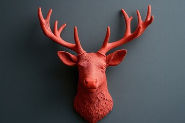 A vibrant red deer head sculpture mounted on a wall, showcasing artistic design.