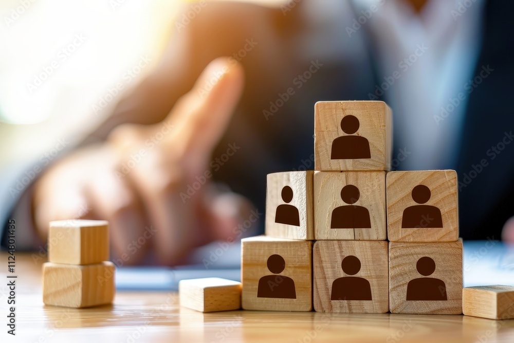 Poster conceptual representation of team building and collaboration through wooden blocks with human icons 