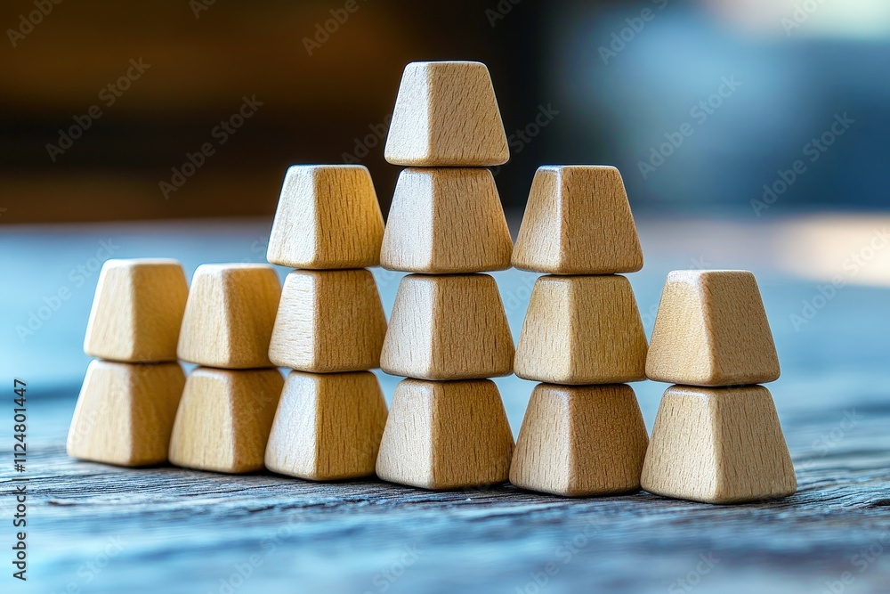 Poster wooden stacking blocks arranged in a pyramid shape on a rustic wooden surface in soft natural light