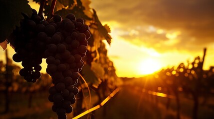 A vineyard at sunset with grape clusters silhouetted against the golden sky.