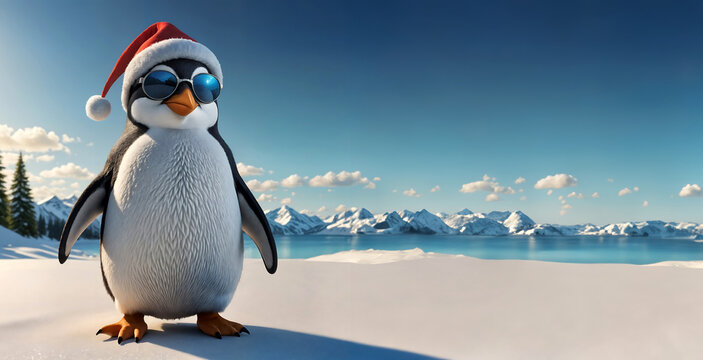 Manchot, pingouin avec chapeau de p&egrave;re-no&euml;l et lunette de soleil dans la neige, isol&eacute; avec espace vide pour du texte