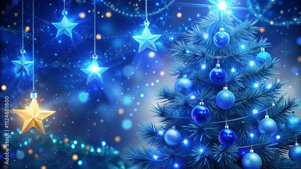 Poster christmas tree with lights in blue - stars hanging on fir branches with glittering and bokeh in abst
