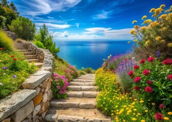 Obraz premium Breathtaking Panoramic View of Steps Leading to the Mediterranean Sea Surrounded by Lush Greenery and Vibrant Wildflowers Under a Clear Blue Sky