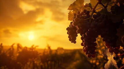 A vineyard at sunset with grape clusters silhouetted against the golden sky.