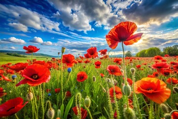 Obraz premium Breathtaking Panoramic View of Vibrant Red Poppy Flowers with Seed Heads in a Sunlit Meadow, Showcasing Nature's Beauty and Colorful Blooms for Stock Photography Enthusiasts