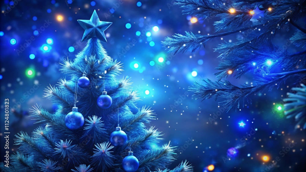 Poster christmas tree with lights in blue - stars hanging on fir branches with glittering and bokeh in abst