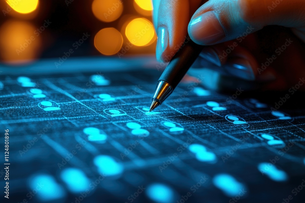Poster hand holding pen over dark surface with lighted dots and abstract pattern in night setting, abstract