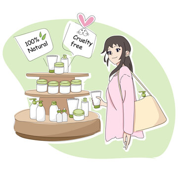 Vector Illustration of Eco-Friendly Cosmetic Products Display with Anime Style on Transparent Background