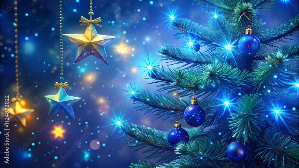 Poster christmas tree with lights in blue - stars hanging on fir branches with glittering and bokeh in abst