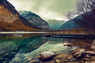 A serene lake surrounded by majestic mountains showcases a wooden pier extending into the water....