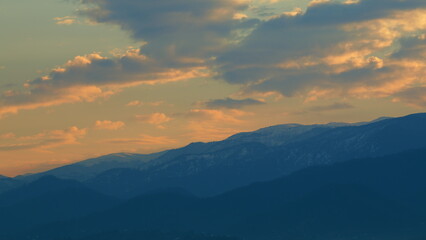 Sunrise Over Hills On Morning. Sunset In The Mountains. Pan.