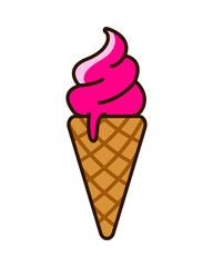 Pink melted ice cream waffle cones cartoon. Strawberry, raspberry, watermelon. Dessert, sweet, confectionery snacks. Vector illustration