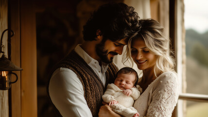 Happy parents lovingly holding their newborn baby, enjoying a precious moment of family connection in a rustic, cozy setting by a window.