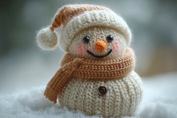 A cute knitted snowman with a scarf and hat, sitting on snow.