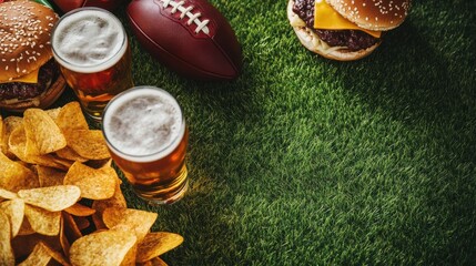 Game day snacks setup. Vertical flat lay of burgers, chips, beers, and a football on a grass background, ready for a football game day