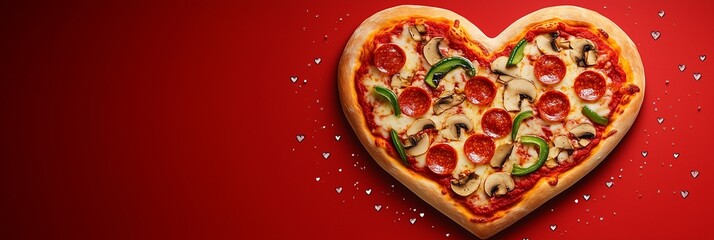 A heart shaped pizza with pepperoni, mushrooms, and mozzarella on a vibrant red background