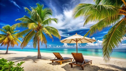 Deckchairs And Parasol With Palm Trees In The Tropical Beach
