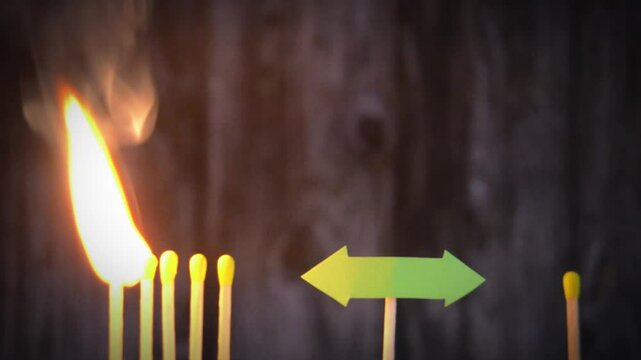 The concept of chain reaction and social distance.All left matches are lit except right one.