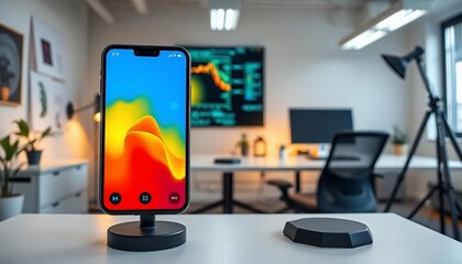 Naklejka premium Modern Smartphone on Stand Home Office Background Abstract Screen