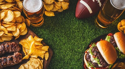 Game day snacks setup. Vertical flat lay of burgers, chips, beers, and a football on a grass background, ready for a football game day