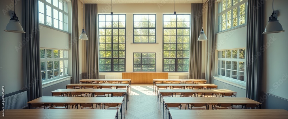 Poster sunlit classroom with rows of desks