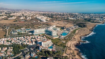 Obraz premium Aerial view of coastal resort town in Paphos, Cyprus.