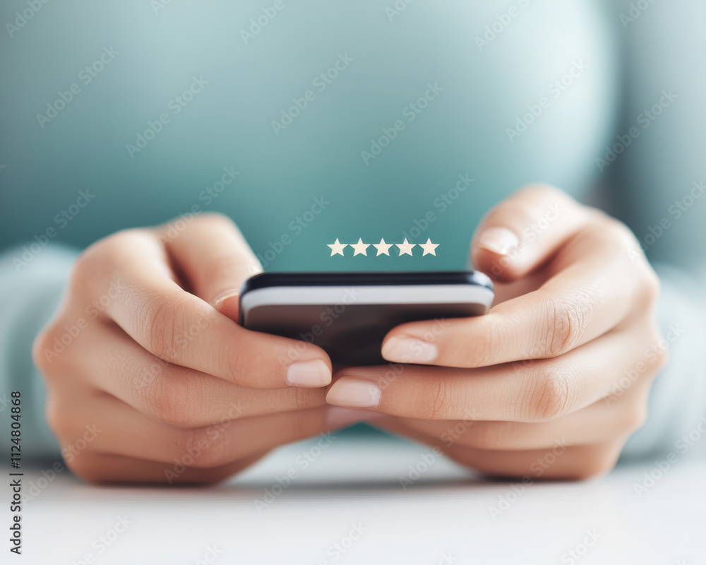 Poster user rating feedback on smartphone with five stars displayed