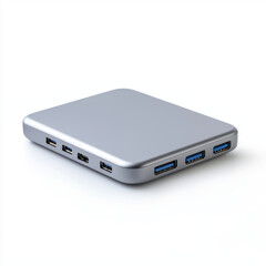 Compact silver external hard drive with multiple USB ports on white background