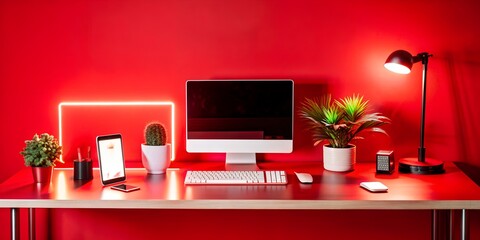 Cutting edge workspace featuring innovative gadgets and a vibrant red aesthetic